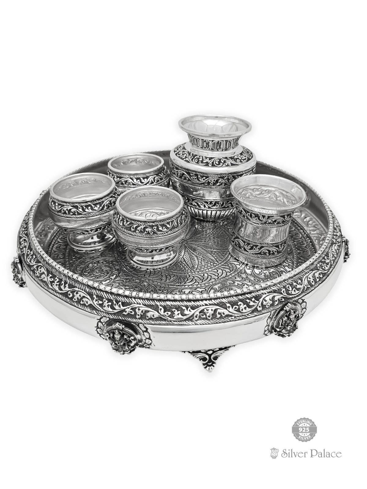 925 OXIDISED SILVER ASTALAKSHMI MOTIF WITH FLORAL DESIGN PLATE SET