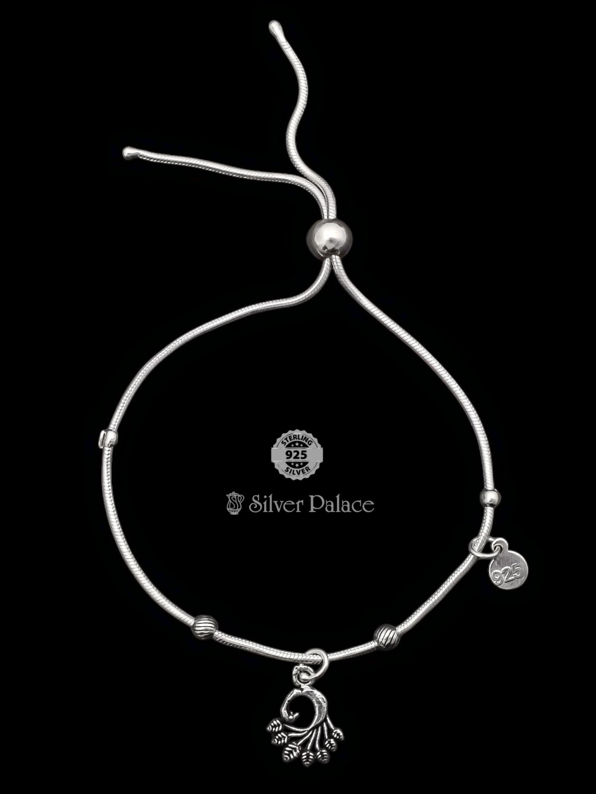 925 OXIDISED SILVER PEACOCK HANGING SINGLE LEG ANKLET FOR GIRLS MAUVE COLLECTION 
