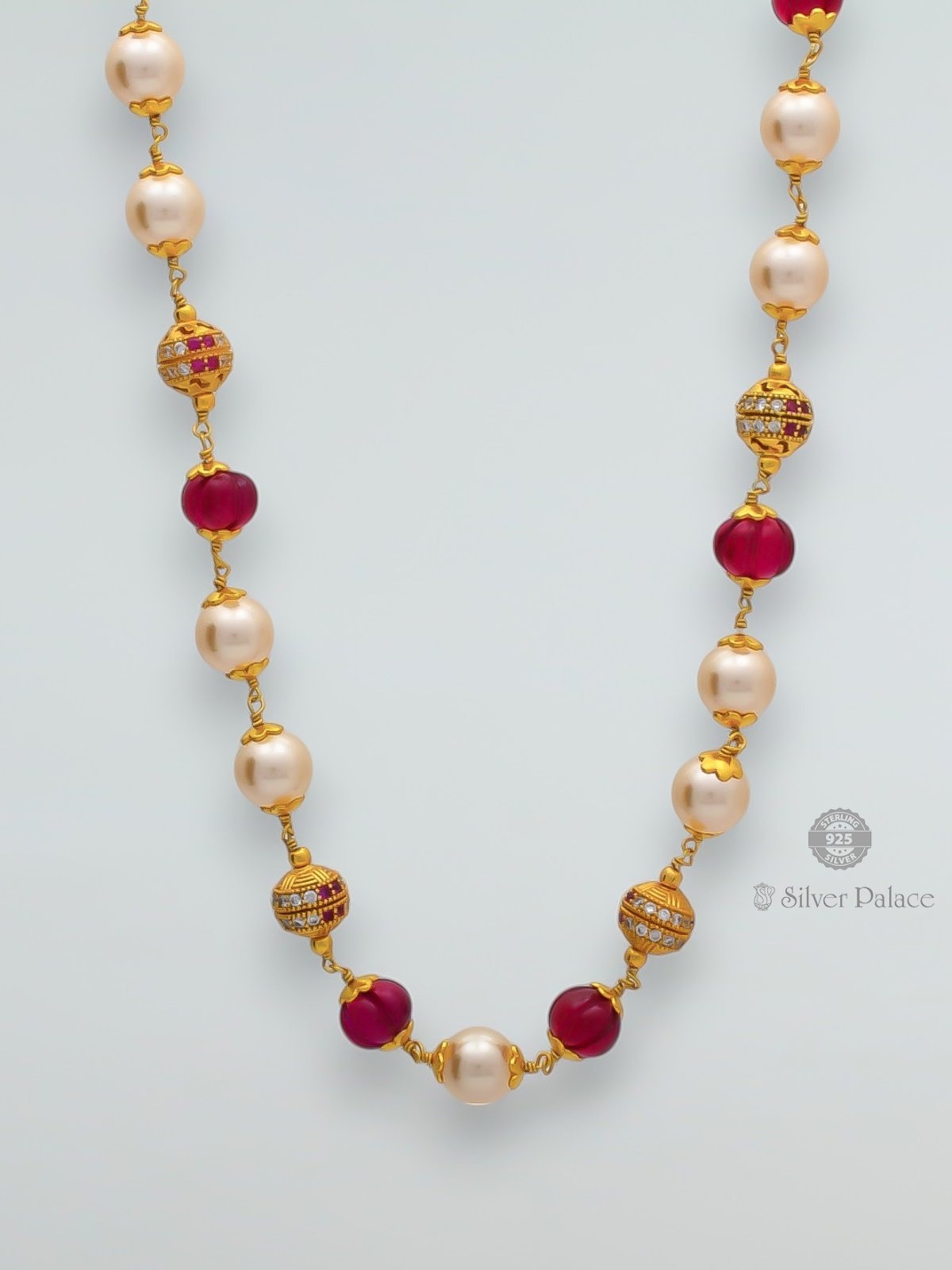 925 SILVER GOLD POLISHEDPEARL WITH RED BEAD MAALA FOR WOMEN ANITE COLLECTION 