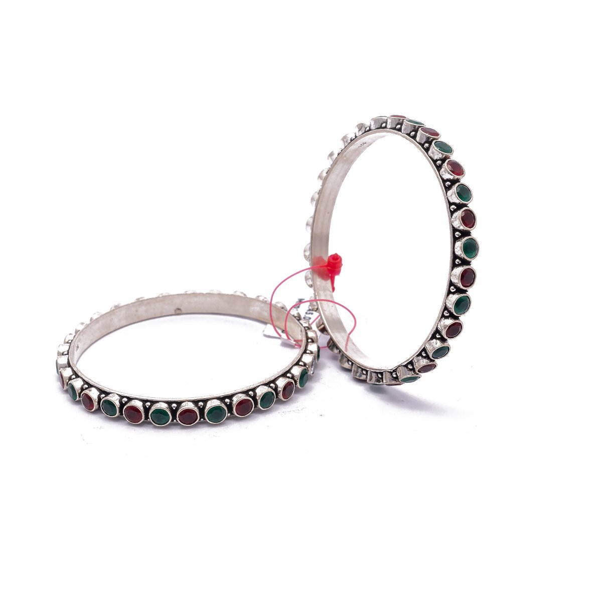 SILVER RED & GREEN STONE BANGLE FOR GIRLS 