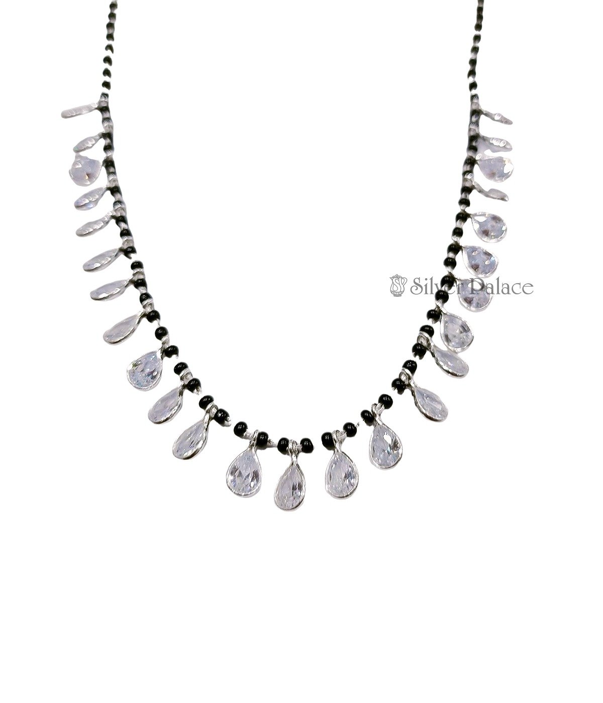 Sterling Silver Black Beaded Chain With Diamond Pendant Necklace