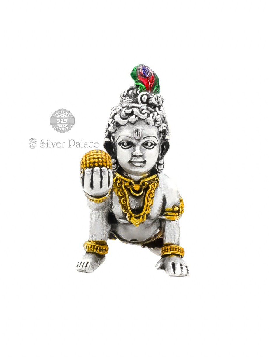 925 silver handmade LC idol god little Krishna, Laddu Gopal, crawling Krishna small statue sculpture temple puja art