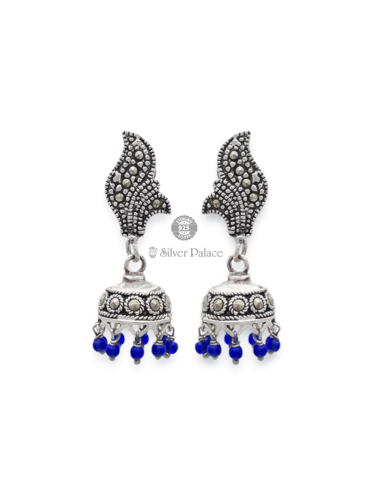 925 oxidised silver blue ball hanging jhumka for girls prite collection 