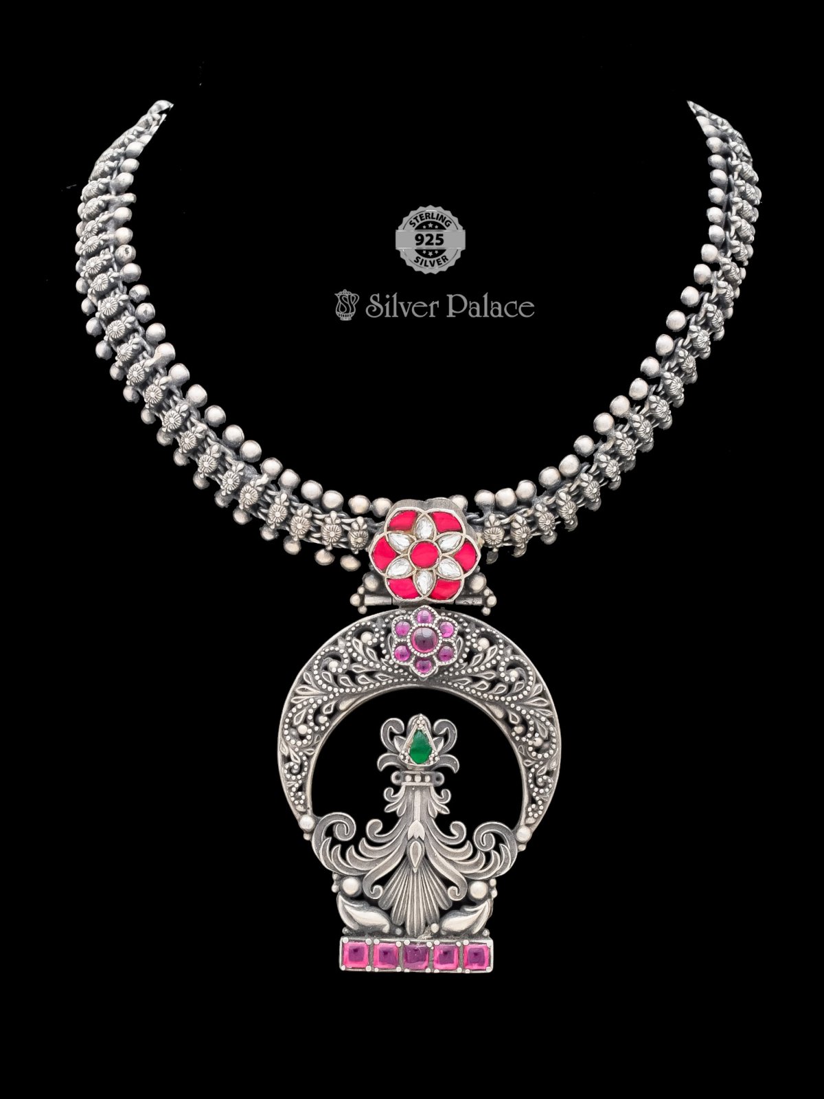 92.5 Oxidised Silver Temple Tower Motif Necklace For Women Mannj