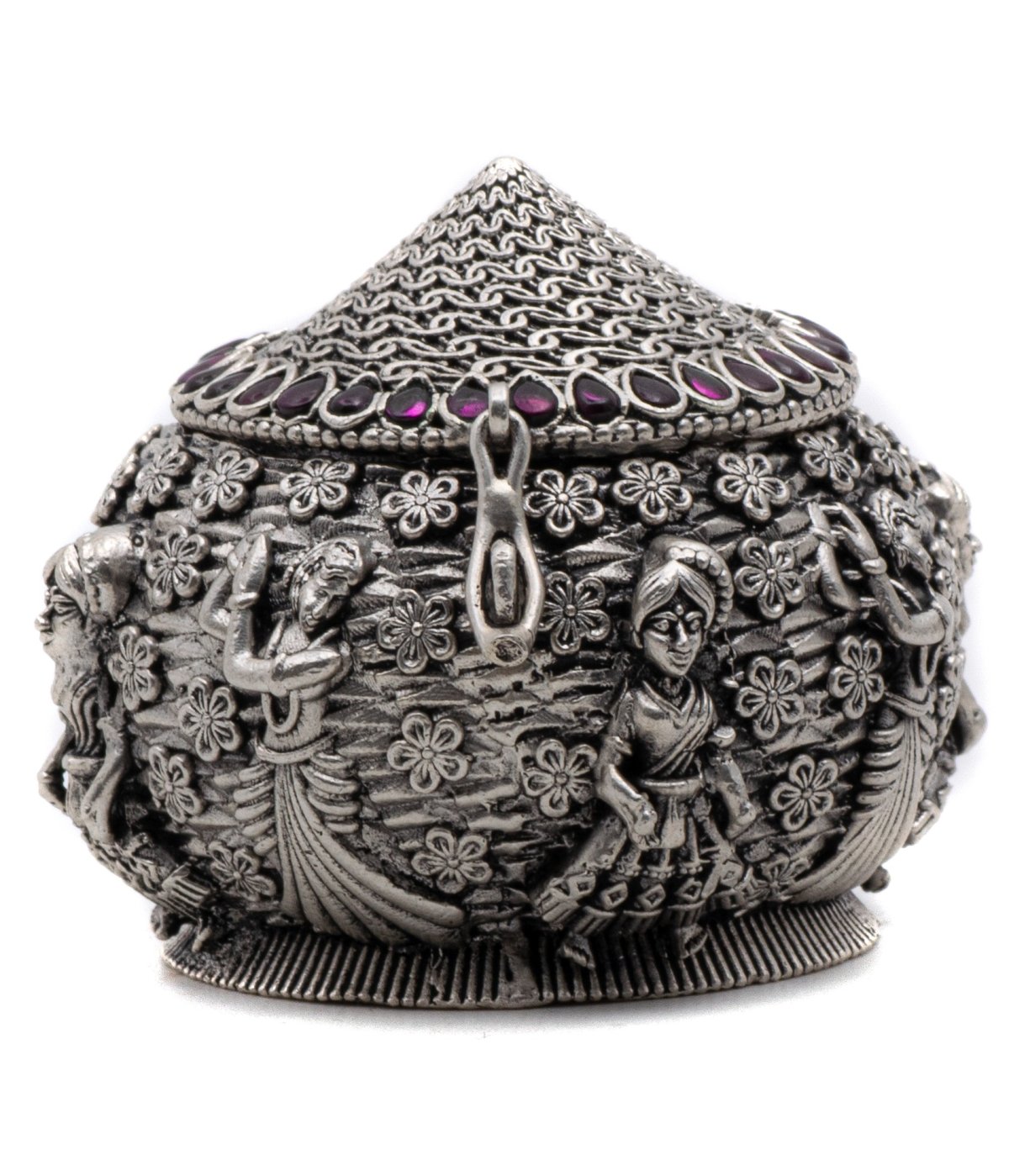 ANTIC FINISH HANDCRAFTED DANCING DOLL CAST KUMKUM BOX IN PURE SILVER 