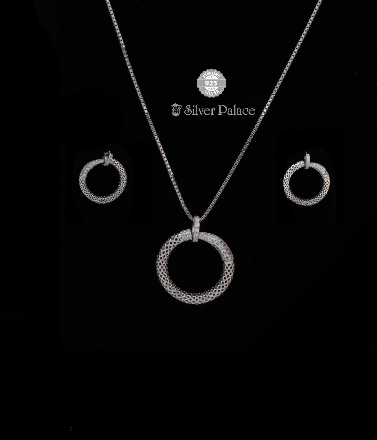  925 Sterling silver chain with hollowed  circle pendant and earrings 