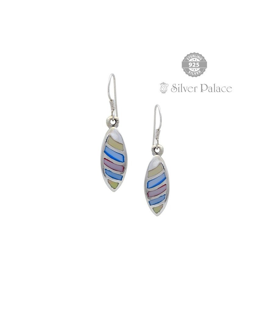 925 Silver Trishe Collection Multi Color MOP Studded With Dangle Oval Shape Earrings For Party Wear 
