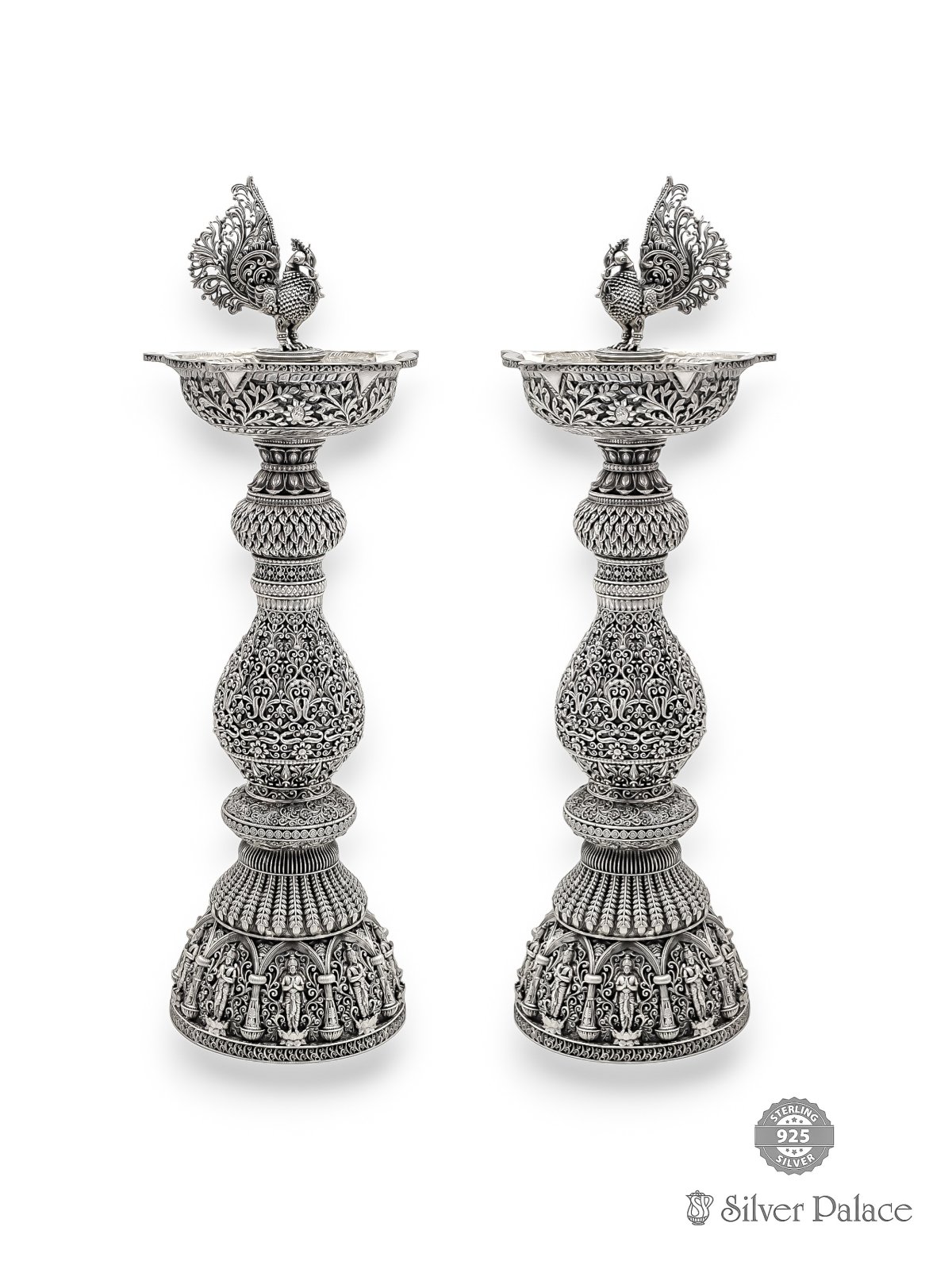 925 ANTIC SILVER ANNAPAKSHI WITH STANDING LAKSHMI SPECIAL KUTHU VILAKKU FOR POOJA 