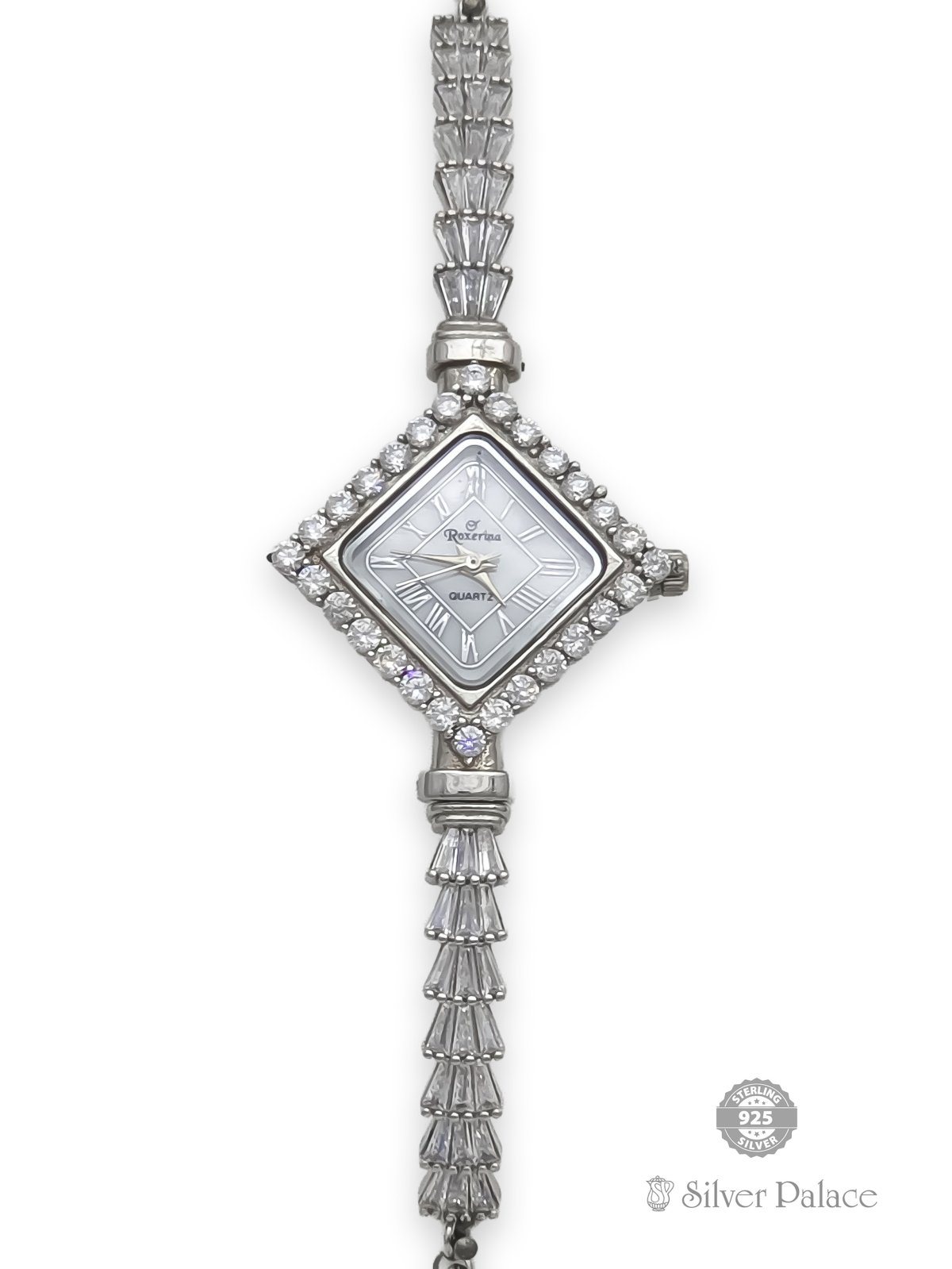 92.5 STERLING SILVER TRIANGLE DIAL WITH CZ STONES WATCH FOR GIRLS