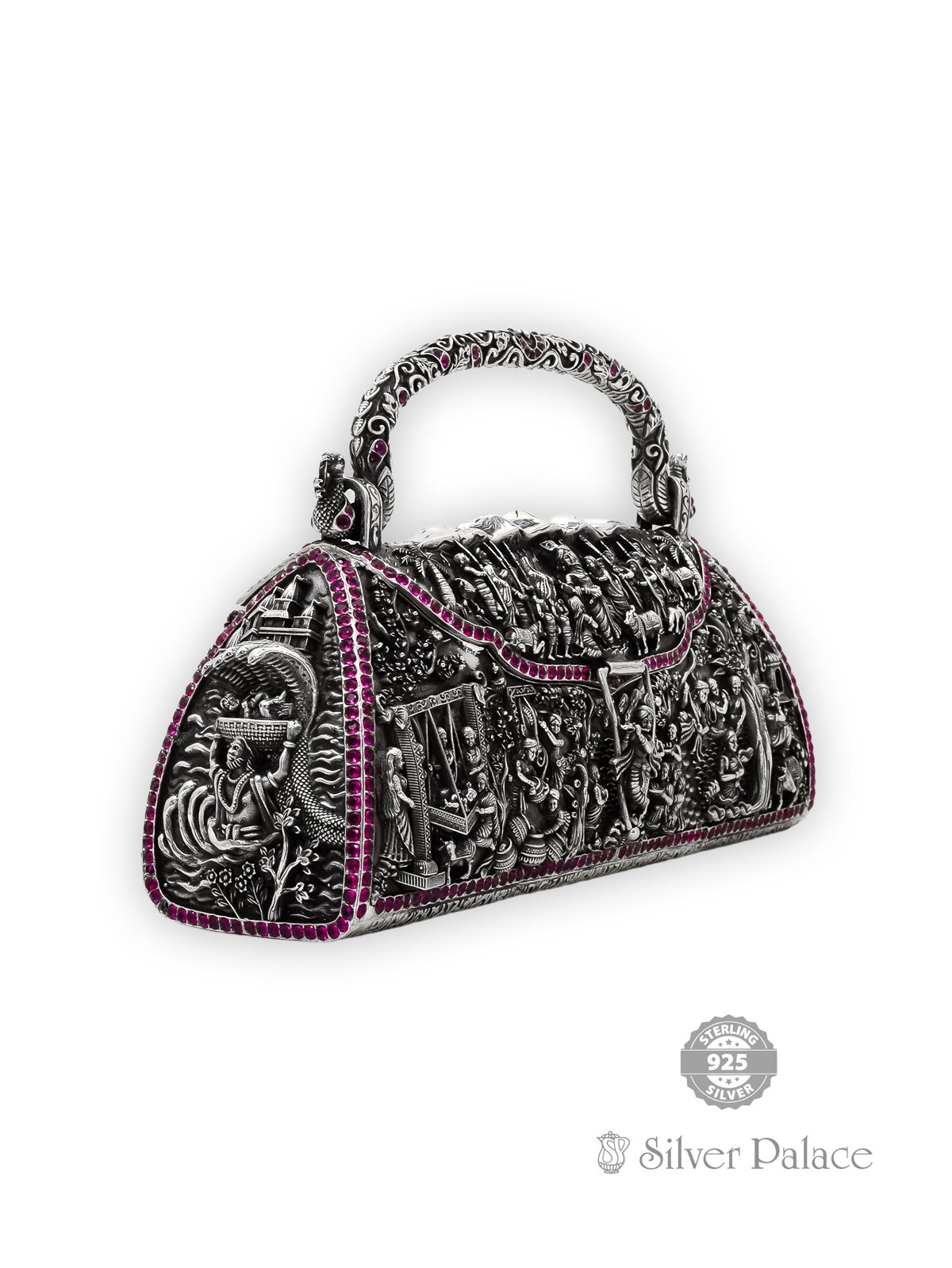 925 OXIDISED SILVER RATHA KRISHNA WITH DHASAVATHARAM MOTIF PURSE FOR LADIES