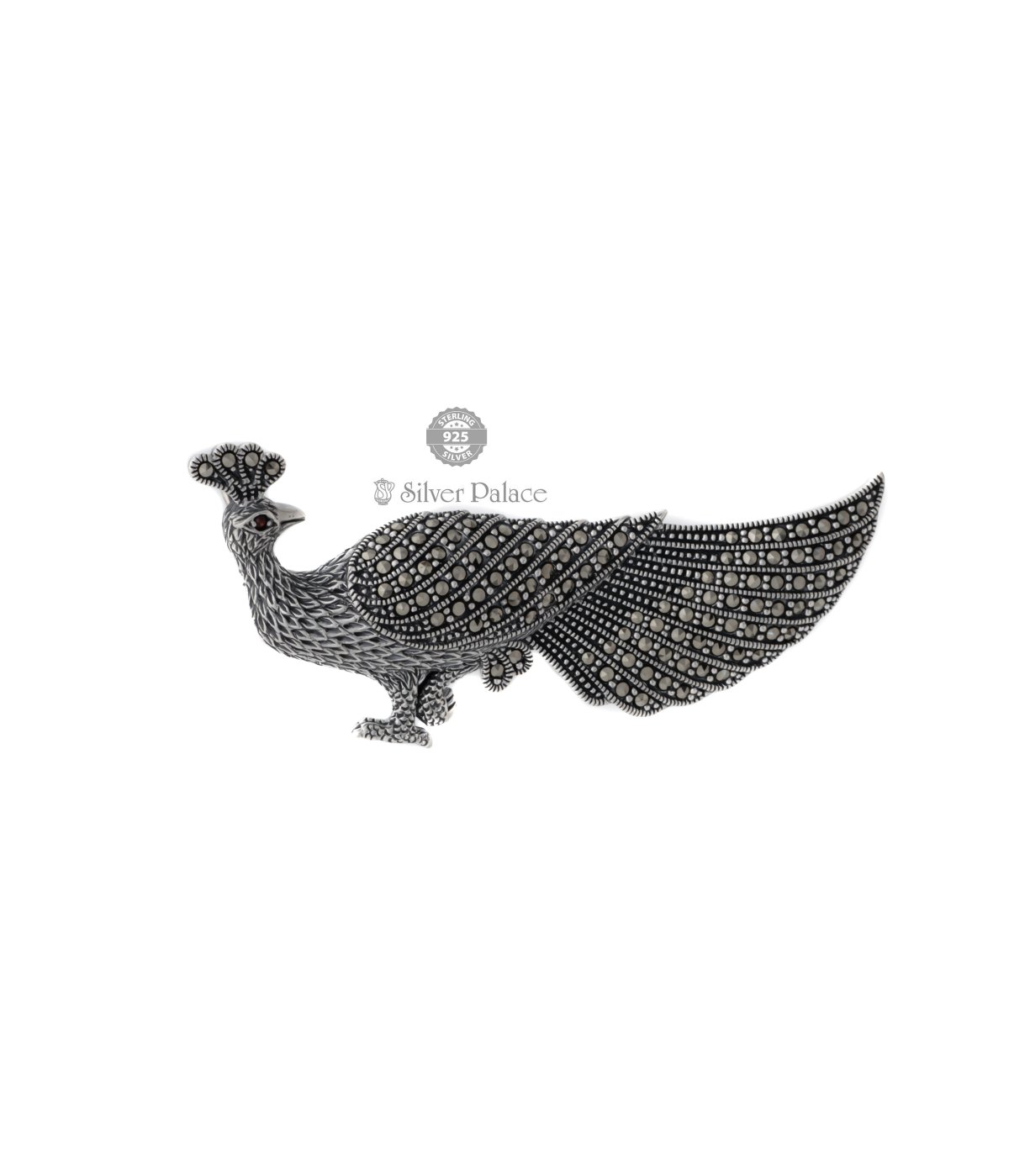 925 STERLING SILVER Stone-Studded Peacock Brooch
