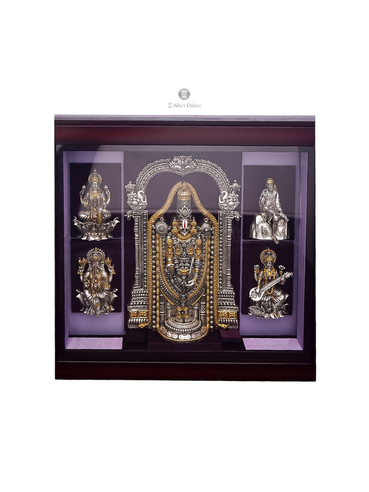 925 SILVER GOLD POLISH BALAJI WITH LAKSHMI,GANESH,SARASWATHI & SAI BABA IDOL 5 in 1 PHOTO FRAME LAKSH COLLECTION