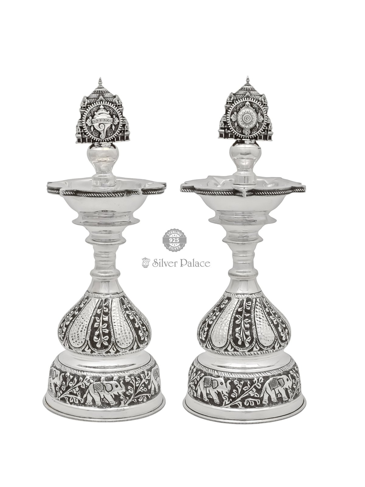 925 OXIDISED SILVER SANGU , CHAKKARAM KUTHU VILAKKU WITH ELEPHANT ENGRAVING FOR POOJA PURPOSE 