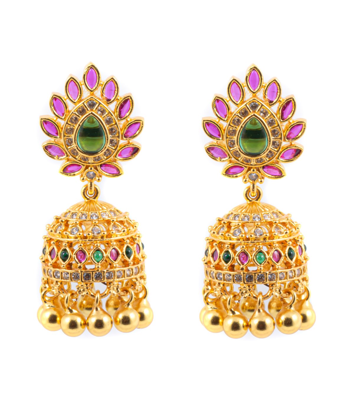 Gold-Plated Red & Green Handcrafted Classic Jhumkas