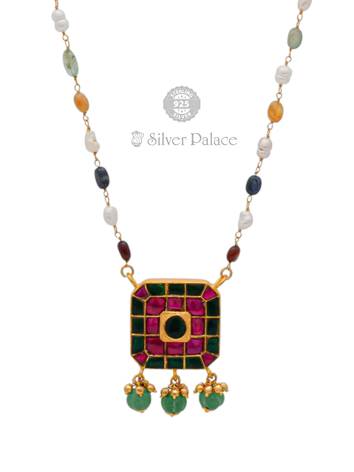 925 SILVER GOLD POLISHED SQUARE TYPE GREEN & PINK STONE BEAD MALA NECKLACE ANITE COLLECTION