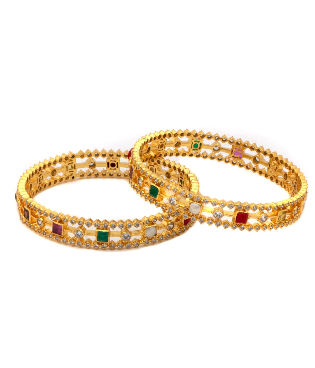 92.5 GOLD POLISH Set of two gold-toned, green and red textured bangles
