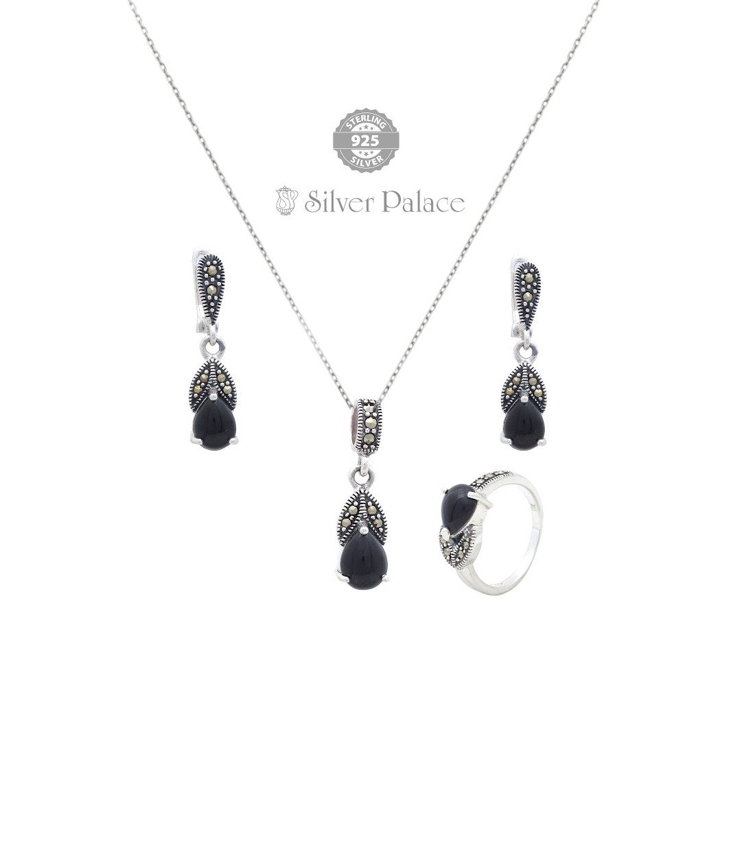 925 Sterling Silver  Prite' Collections Black Onyx Teardrop Marcasite Pendants Sets 