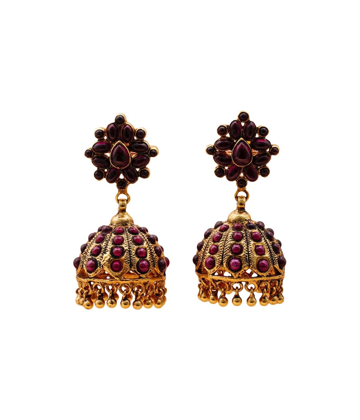 92.5 SILVER GOLD POLISHED RED STONE STUDDED JHUMKI 