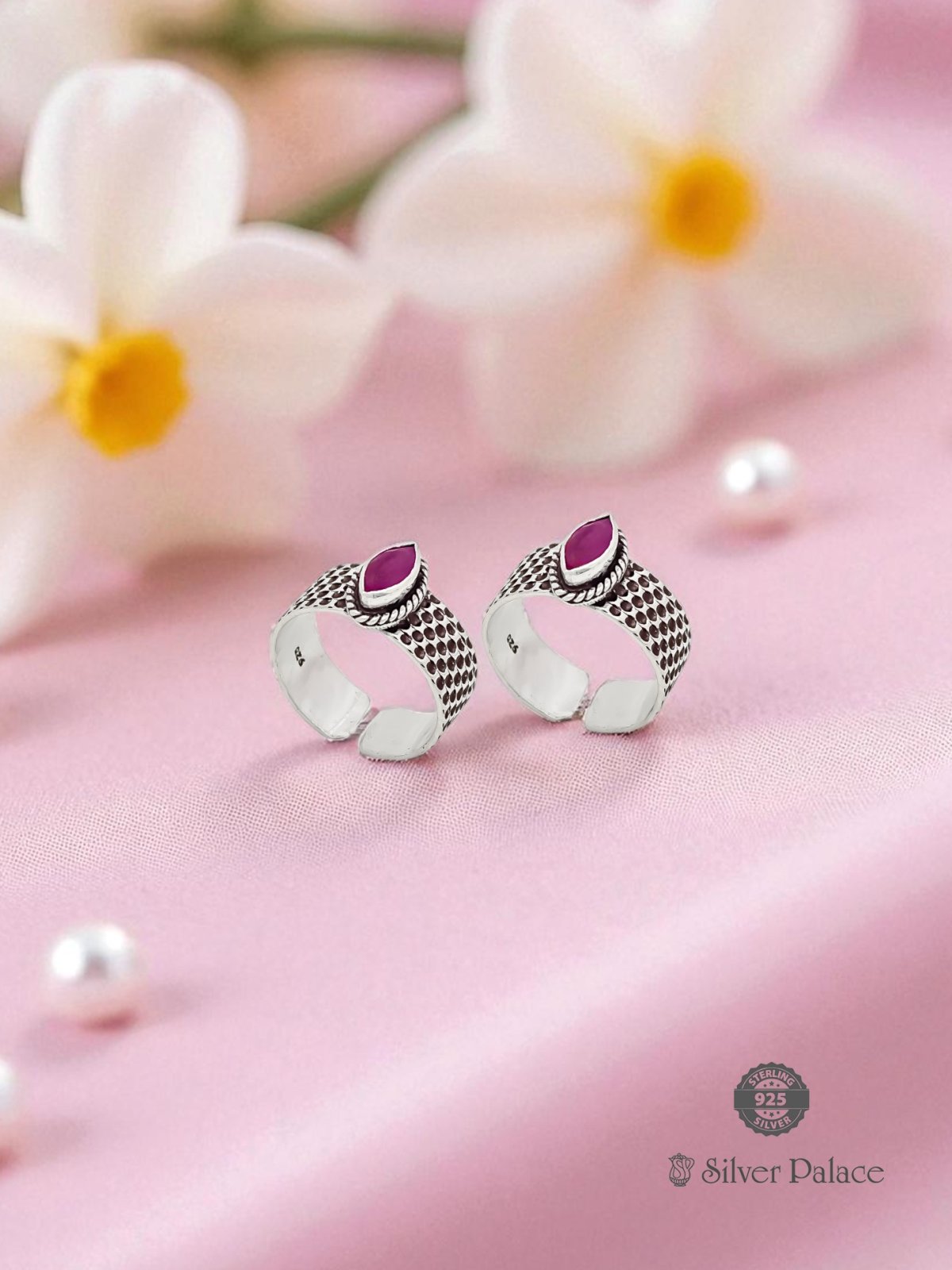 925 OXIDISED SILVER PINK STONE TOE RING FOR LADIES NEETH COLLECTION 
