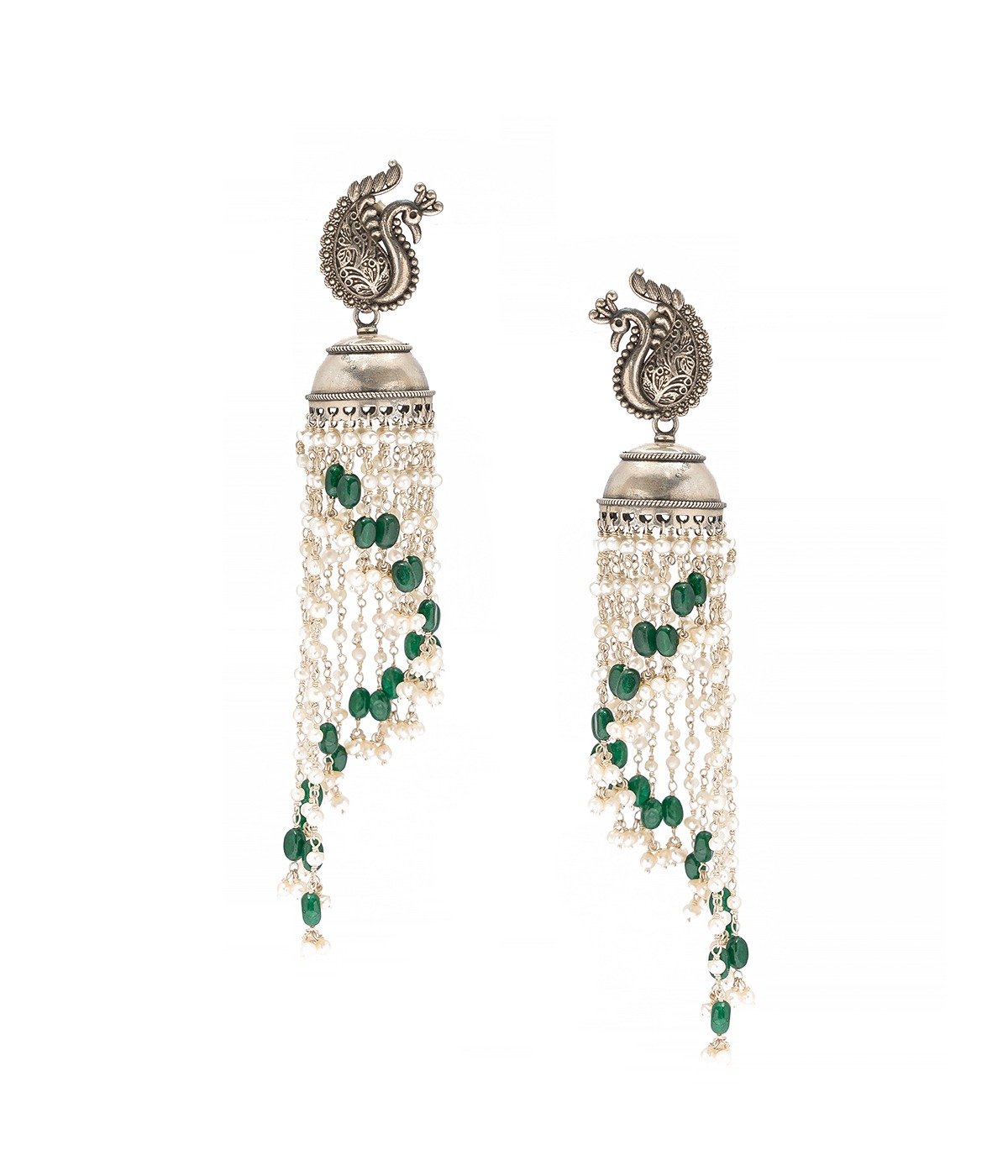 PEACOCK DESIGN JHUMKA WITH WHITE GREEN LONG PEARL CHAINS IN PURE SILVER KL