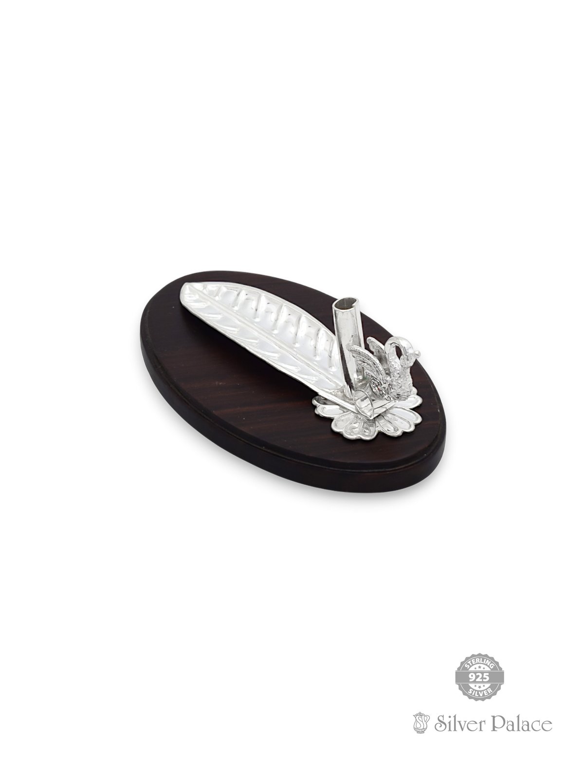 925 SILVER LEAF DESIGN AGAR BATHI STAND WITH WOOD BASE SUR COLLECTION 