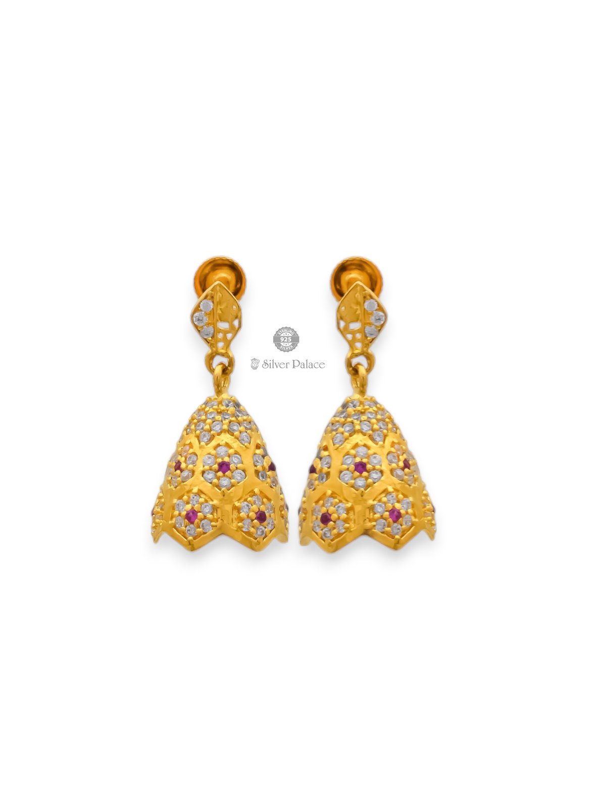 925 SILVER GOLD POLISH HONEY COMB WITH STONES DEASIGN EARRING FOR GIRLS ANITE COLLECTION 