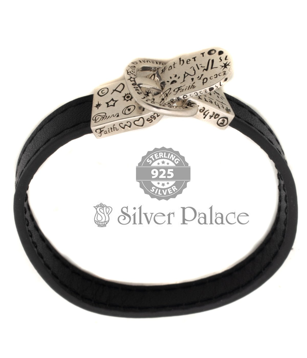 925 Sterling Silver Black Leather Graffiti Adjustable Bracelet Jewelry