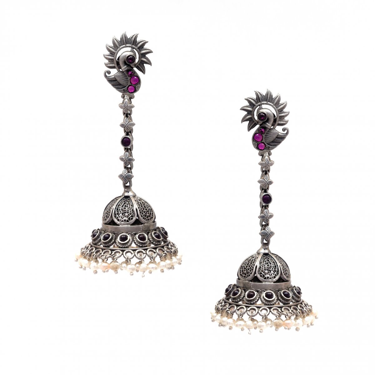 92.5 OXIDISED SILVER LONG PEACOCK DESIGN  JHUMKA EARRINGS FOR WOMEN AND GIRLS