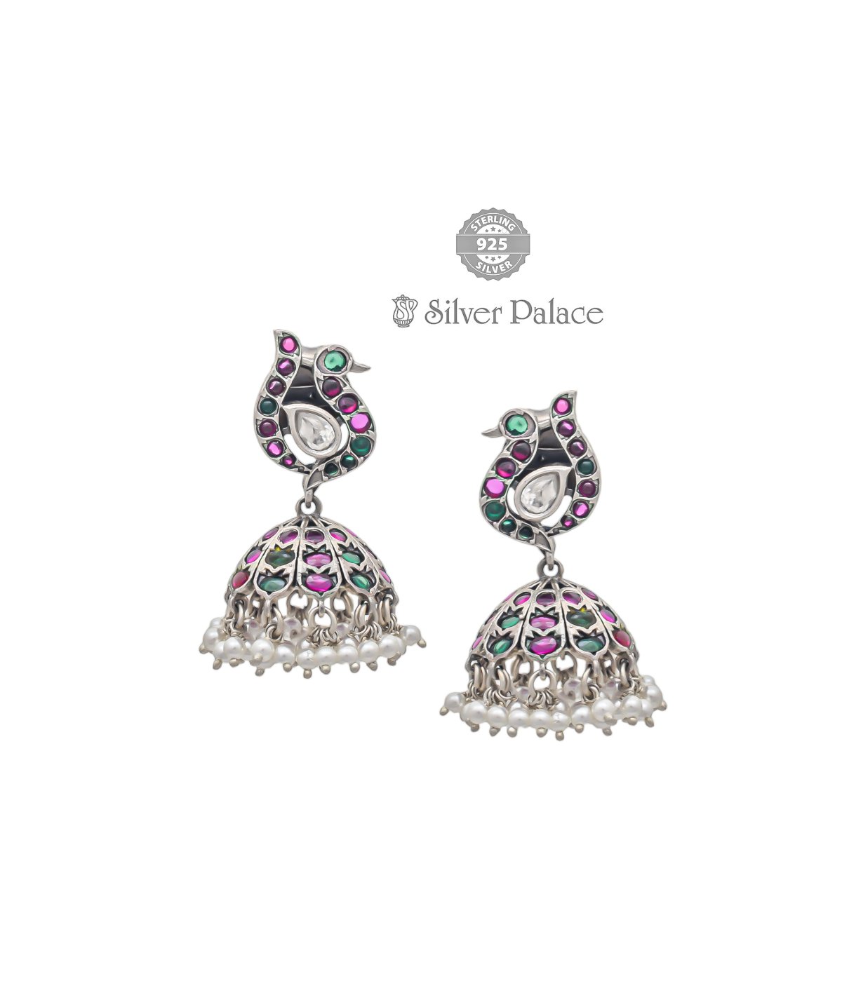 92.5 STERLING SILVER MANNJ COLLECTION GREEN & PINK STONE PEACOCK JHUMKAA 