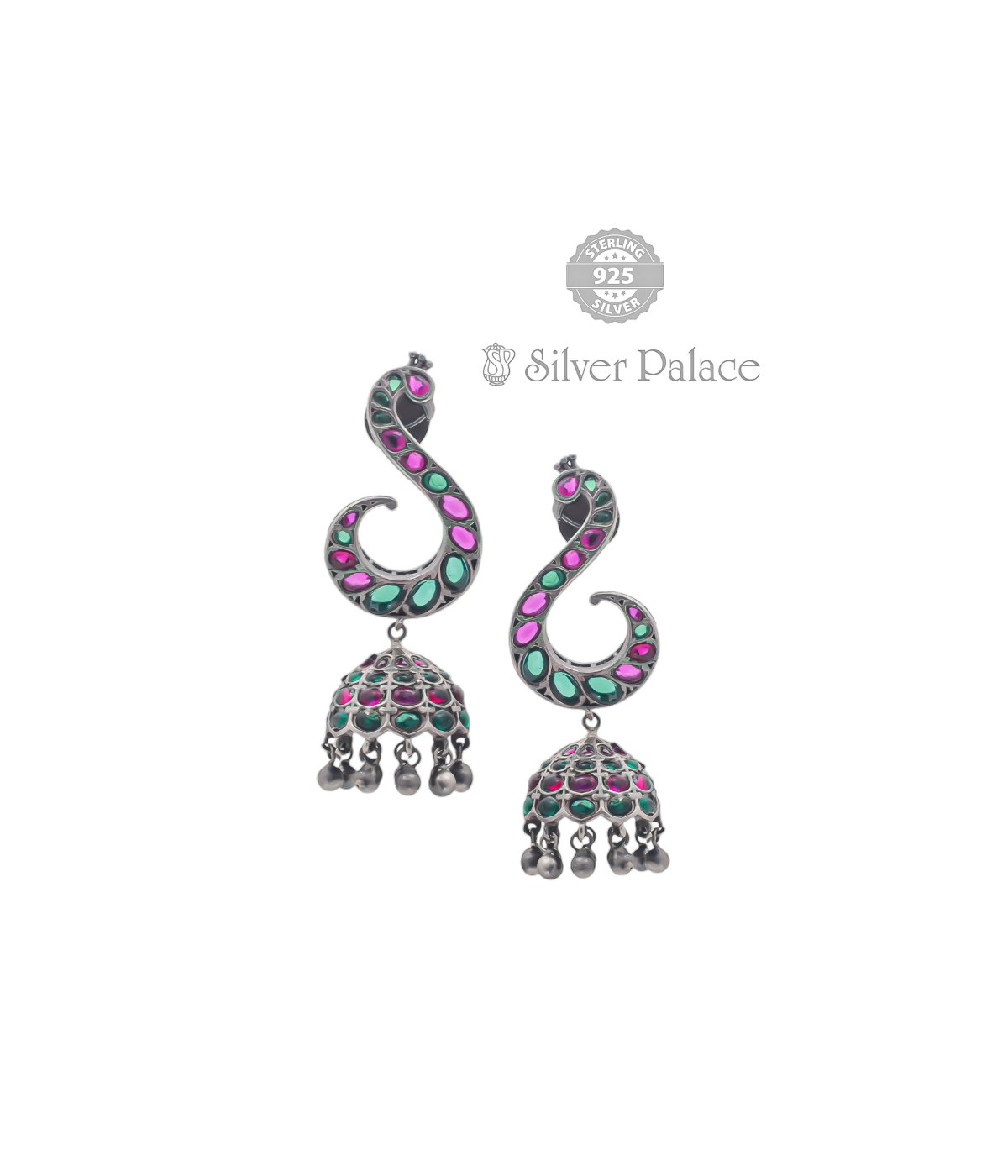 92.5 STERLING SILVER MANNJ COLLECTION GREEN & PINK STONE PEACOCK JHUMKAA 