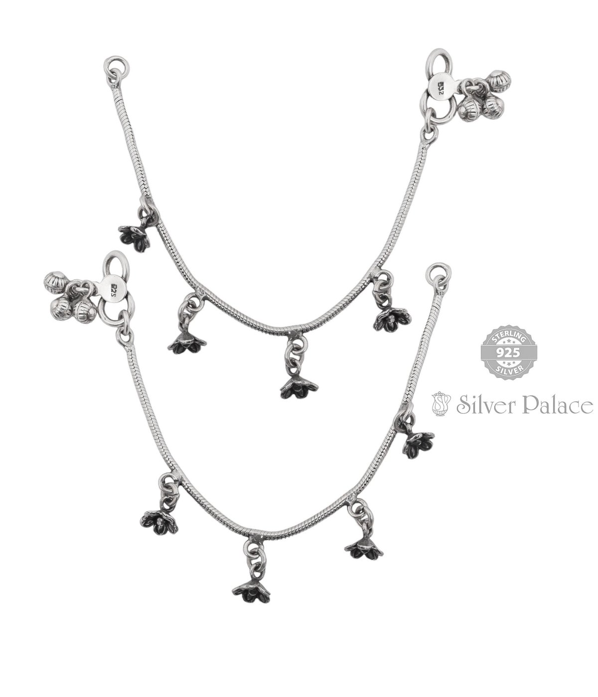 925 Sterling Silver Dangling Floral Design Charm With Attractive Bells Anklets,