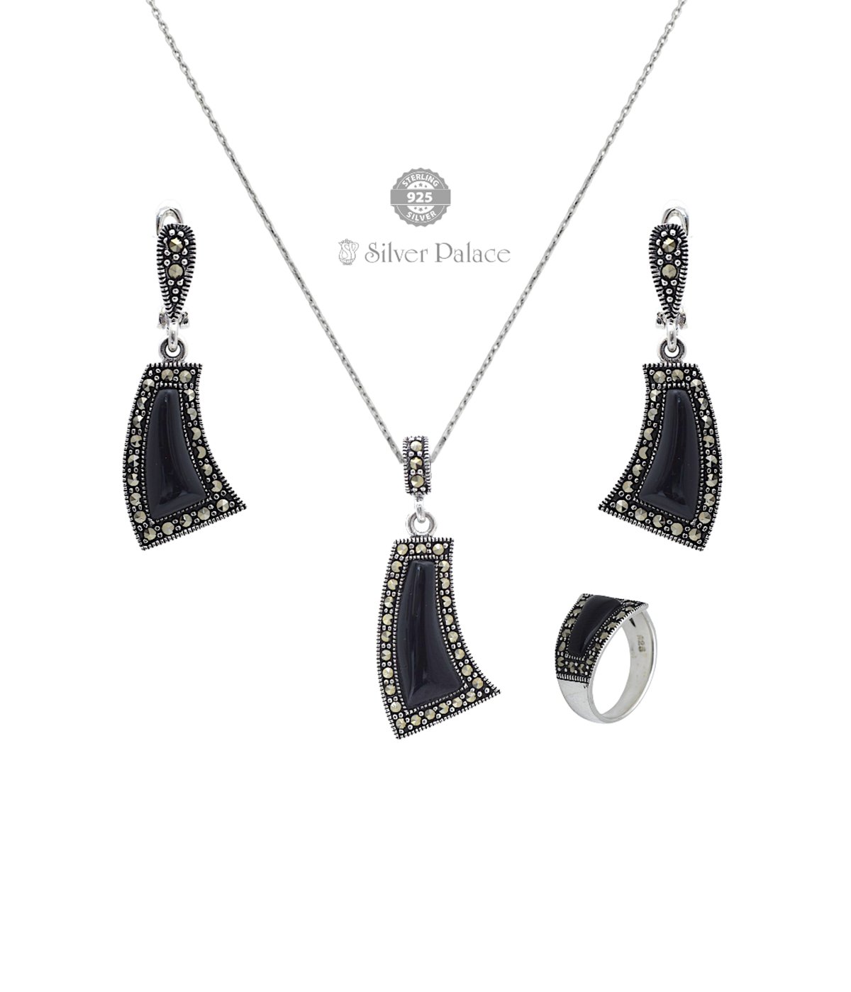 92.5 Sterling Silver Prite' Collections Black Onyx Marcasite Pendants With Earrings ,Rings 