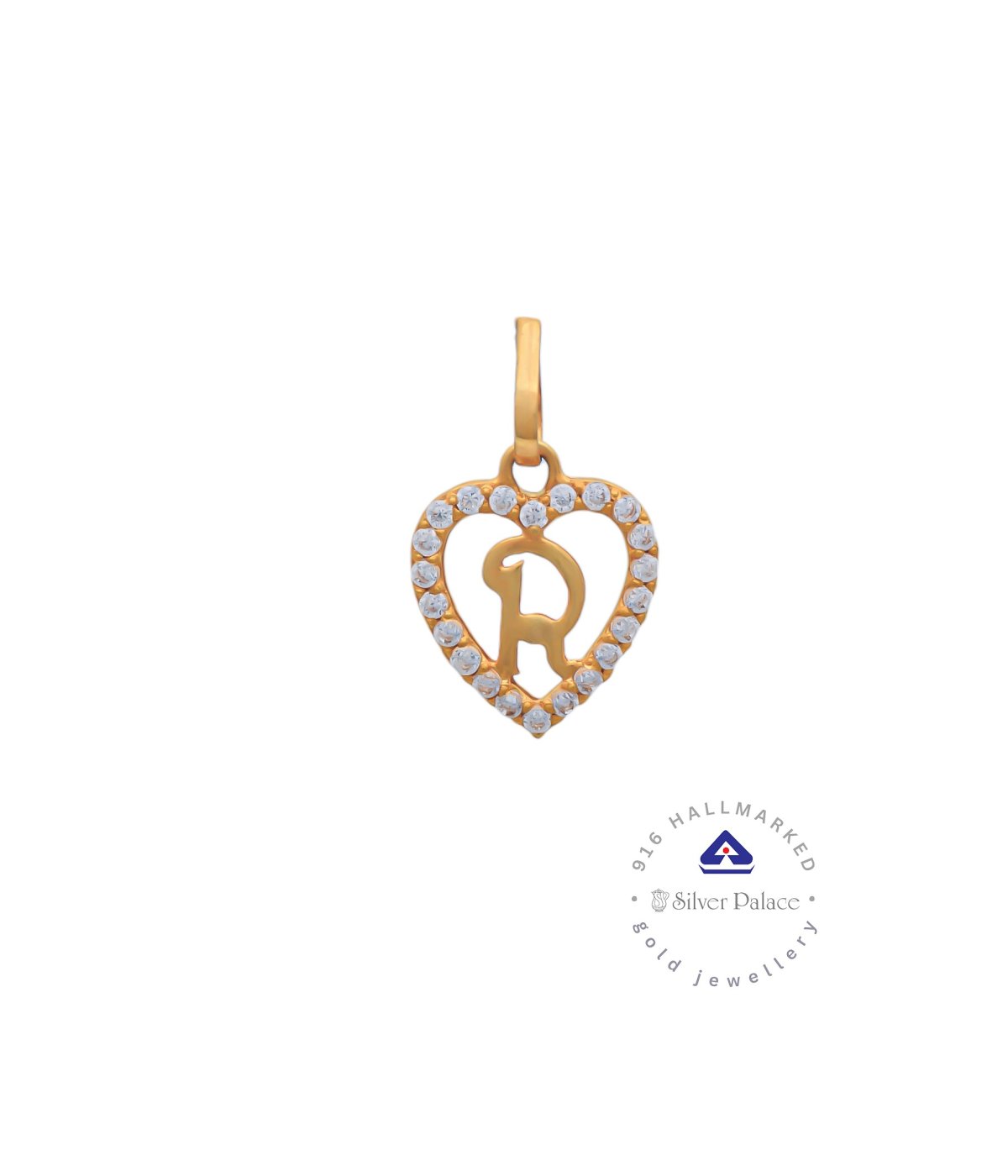 Kanche Collections Gold 916 purity R in Heart With CZ Stone Studded Gold Pendent for Daily wear