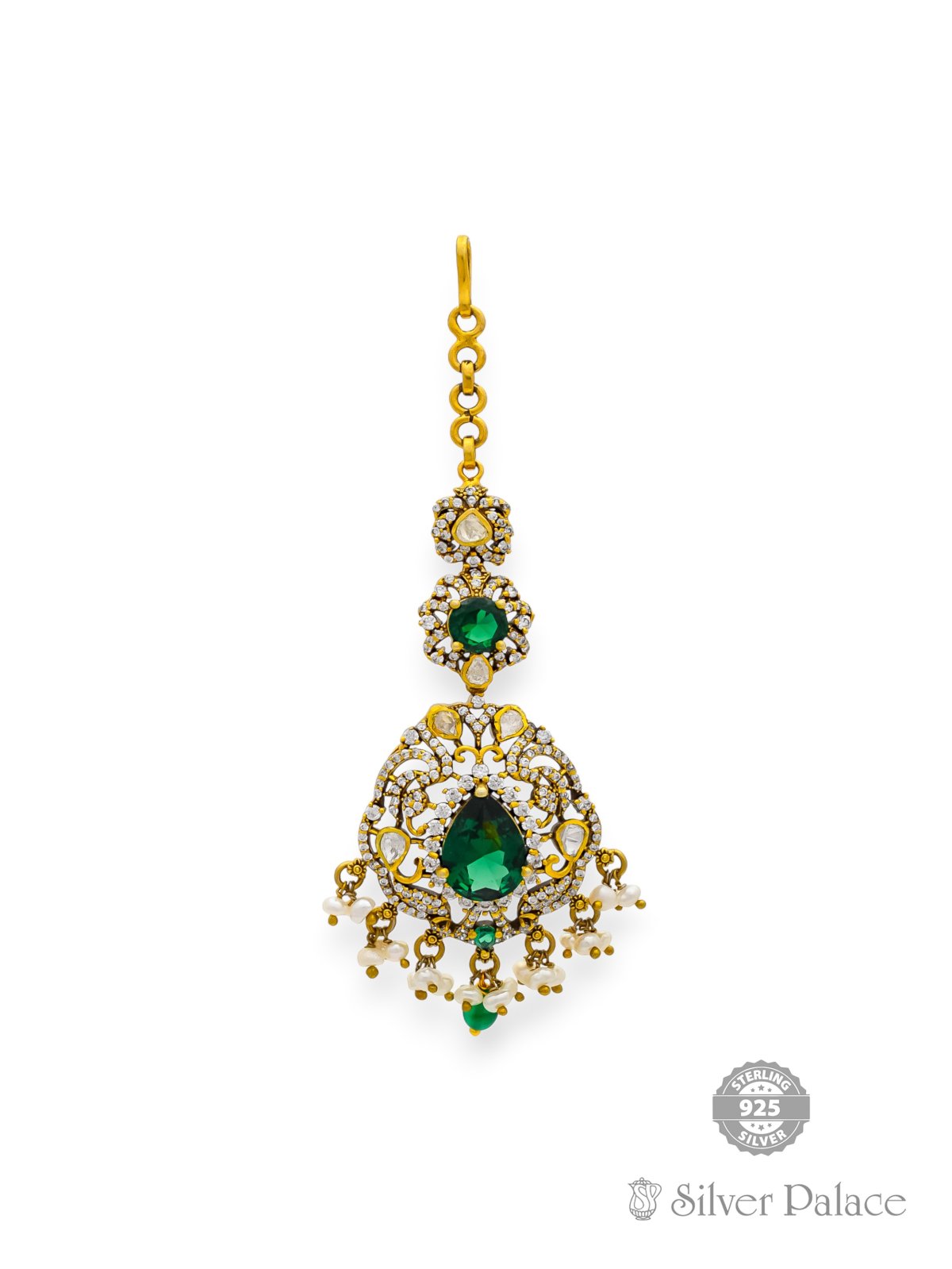 925 SILVER GOLD POLISHED VICTORIAN DESIGN WITH GREEN STONE NETTHI CHUTTI ANITE COLLECTION 
