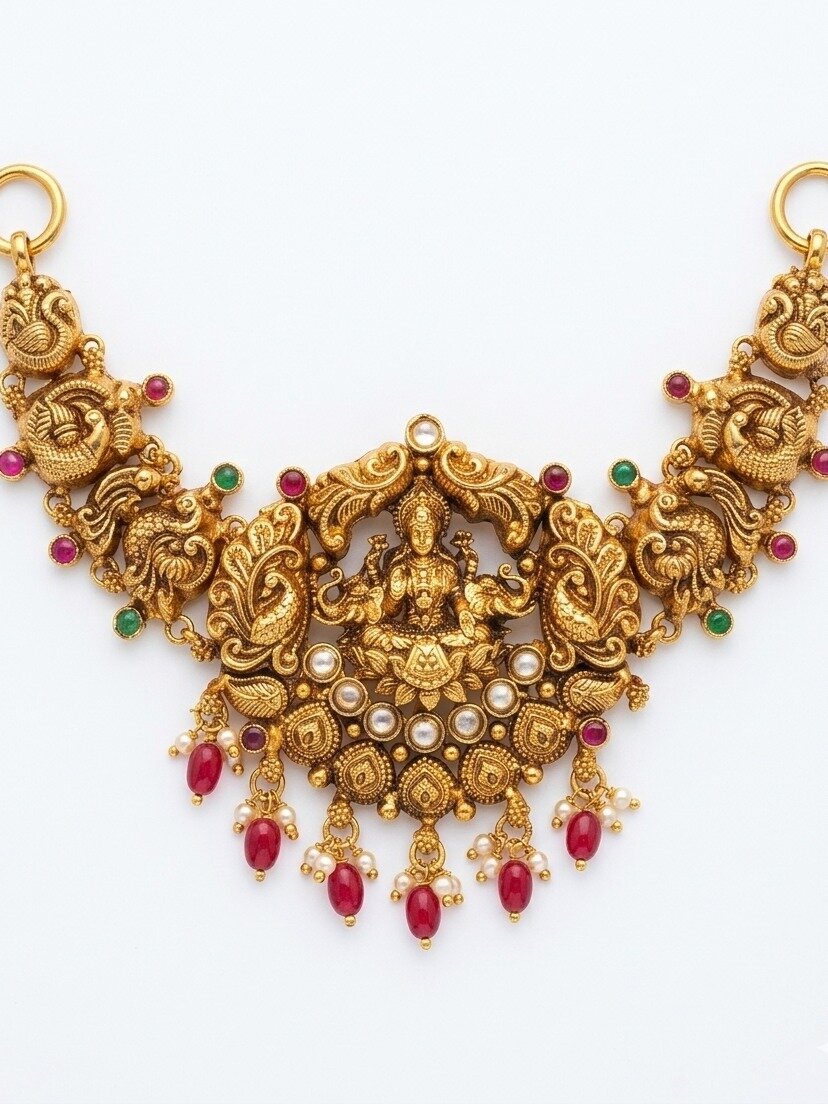 925 Sterling Silver Gold Polished Choker with White, Green, and Red Stones Traditional Indian or ethnic style Anite collection