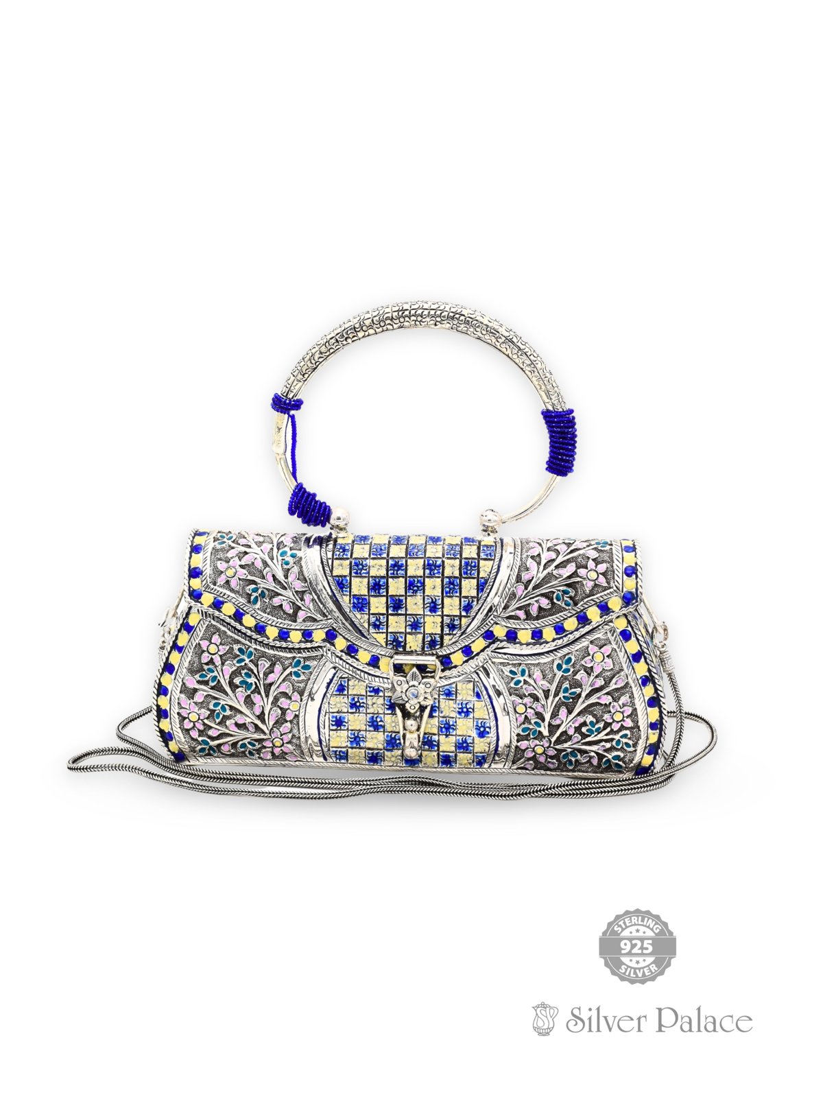 925 STERLING SILVER FLORAL ENAMELD DESIGN HAND BAG PURSE FOR LADIES