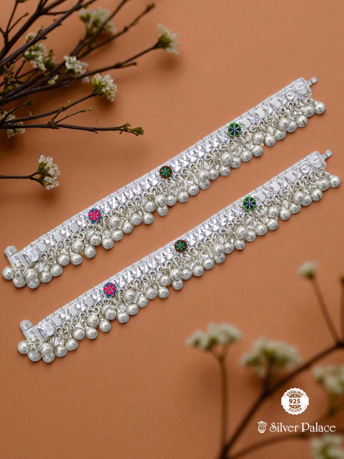 STERLING SILVER ONE LINE BEADS WITH FLORAL DESIGN ENAMEL KIDS ANKLETS ARJITA COLLECTION 