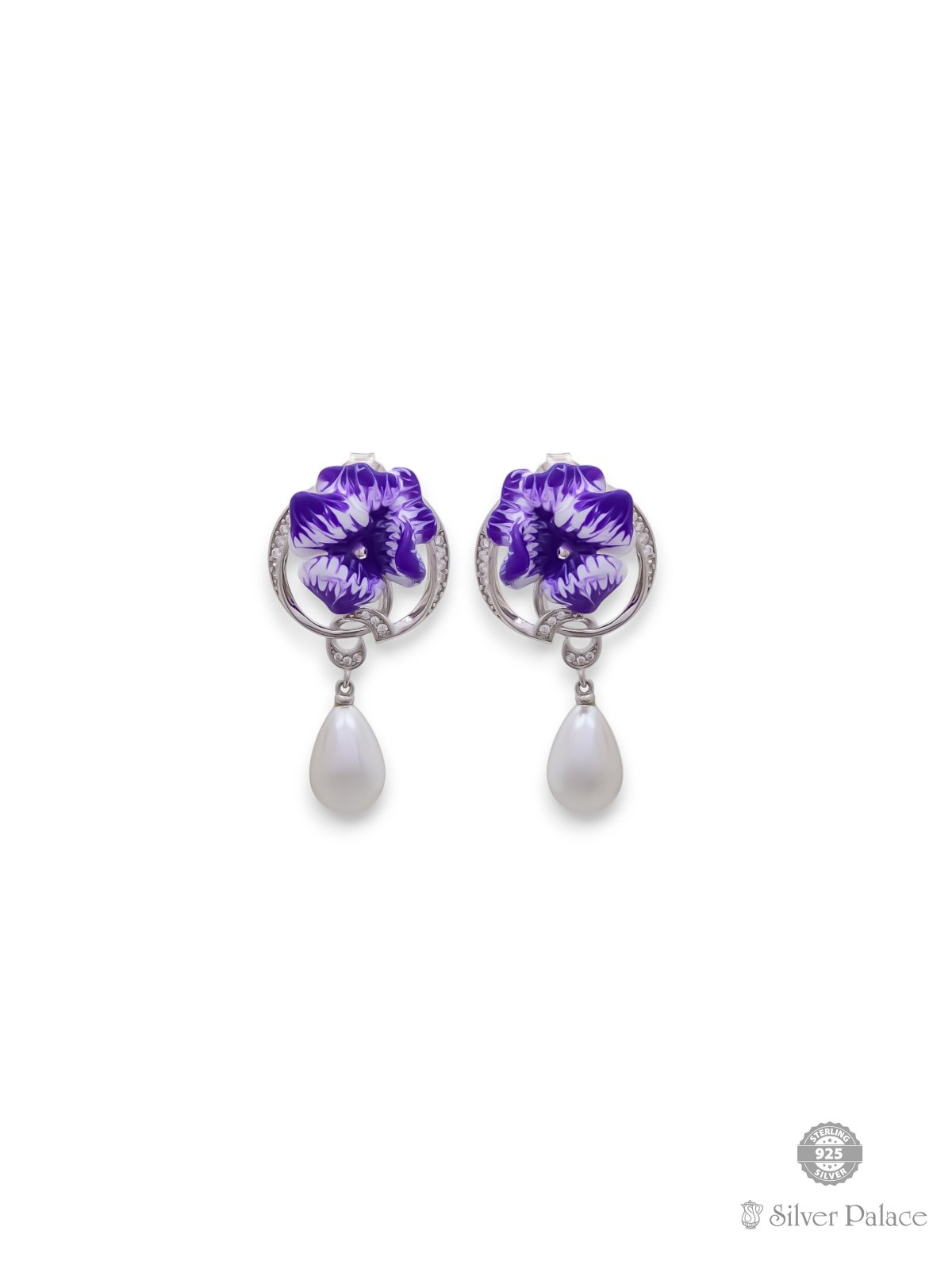 925 SILVER ENAMELD FLOWER WITH PEARL DESIGN EARRING FOR LADIES PRITI COLLECTION 