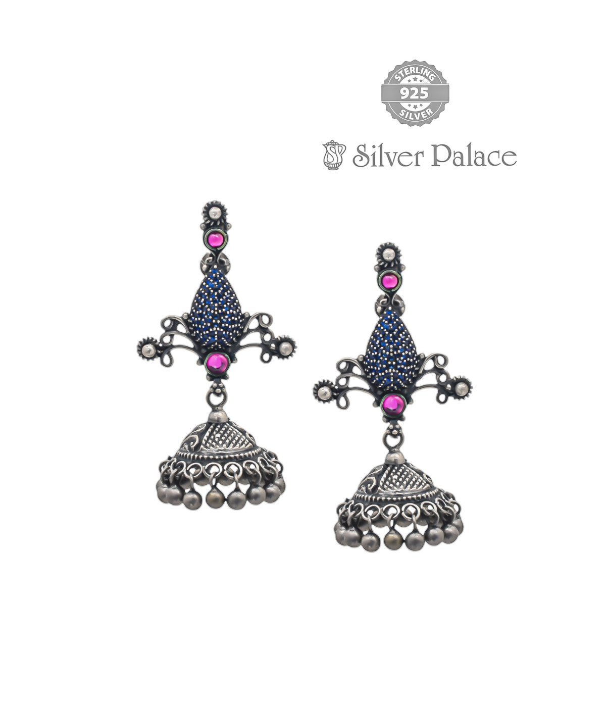 92.5 SILVER BLUE STONE STUDDED PARTY WEAR EARRINGS FOR GIRLS 