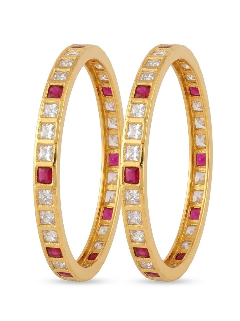925 STERLING SILVER GOLD POLISHED PINK STONE SINGLE BANGLE FOR WOMEN
