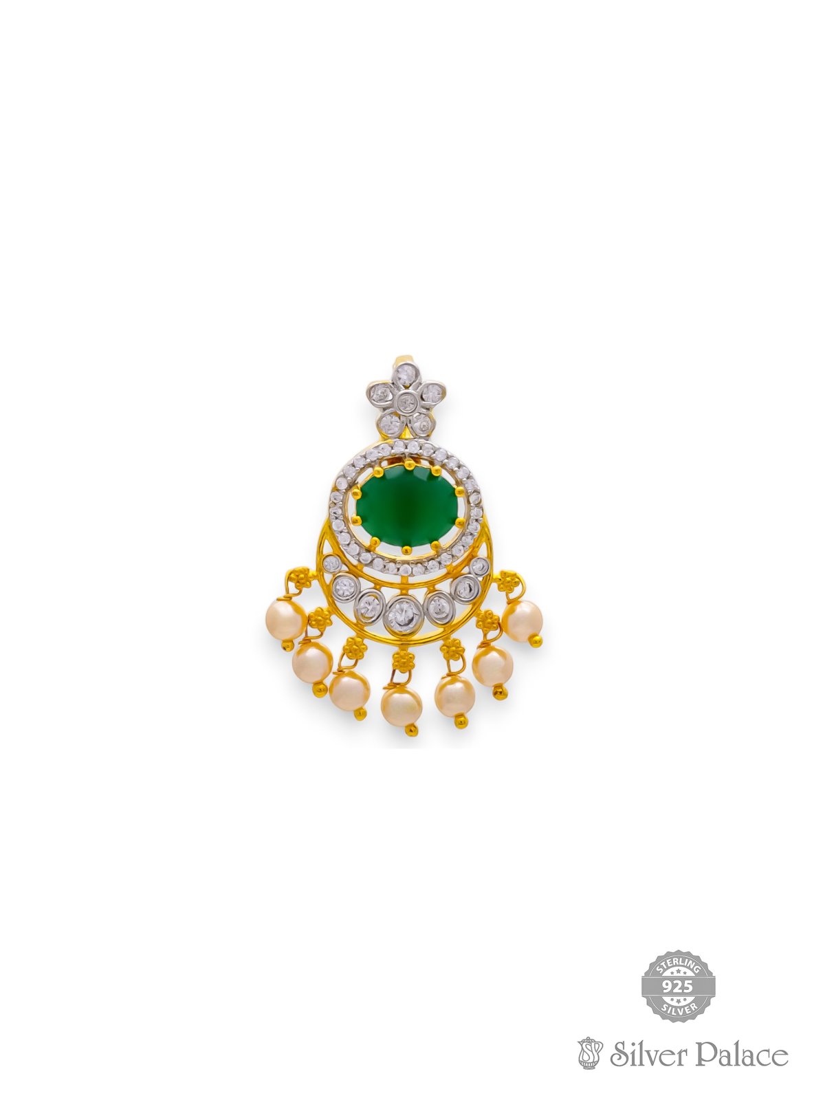 925 SILVER GOLD POLISHED GREEN STONE WITH CZ PENDANT FOR LADIES ANITE COLLECTION 
