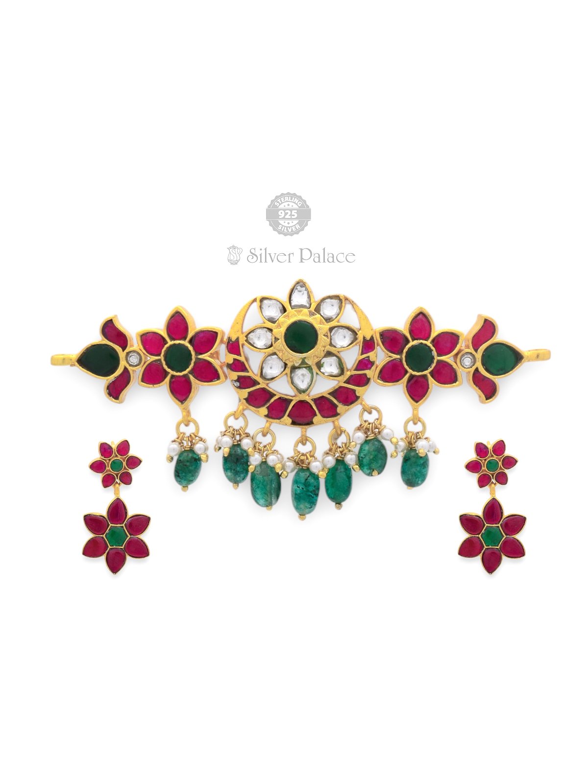 925 SILVER GOLD POLISHED FLORAL DESIGN WITH WHITE AND GREEN STONE NECKLACE FOR WOMEN ANITE COLLECTION