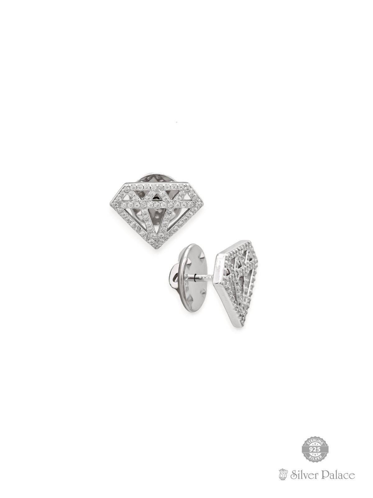 925 OXIDISED SILVER CUBIC ZIRCONIA STONE DIAMOND SHAPE COLLAR BUTTONS FOR MEN
