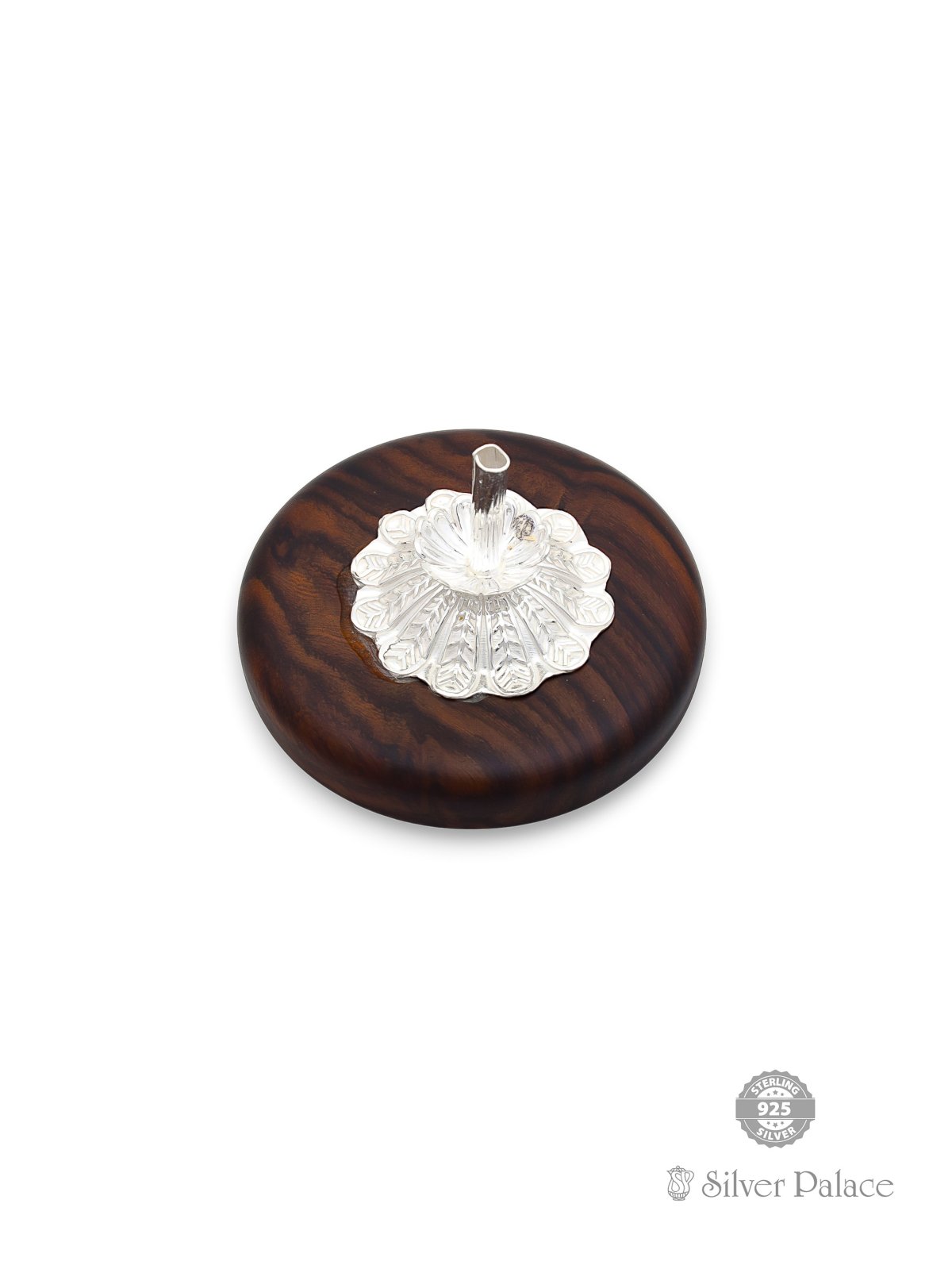 Wooden Base With Silver Agarbathi Stand For Pooja Sur Collection