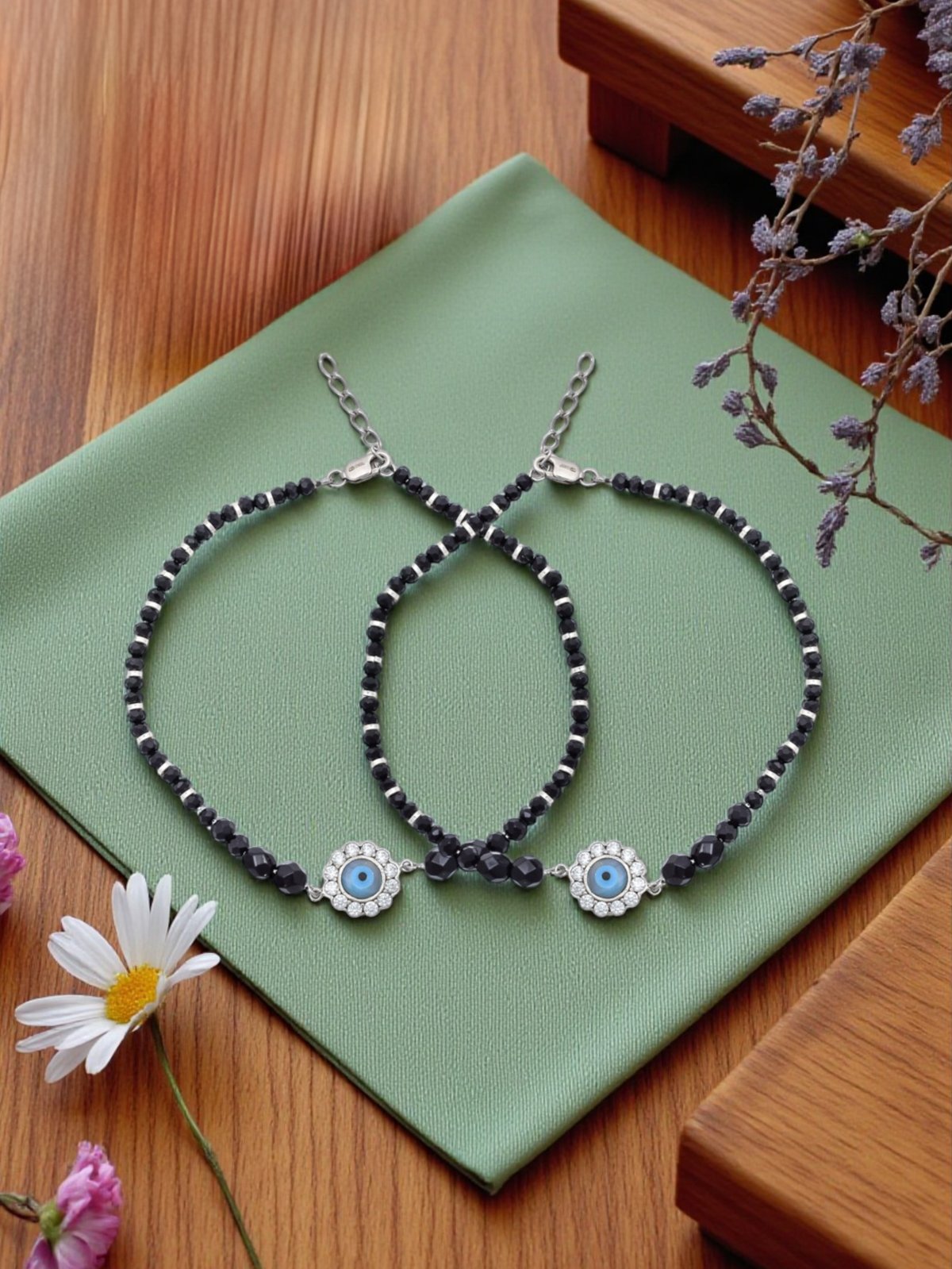 925 SILVER FLORAL DESIGN ANKLETS  WITH BLACK CRYSTAL STONES FOR LADIES 