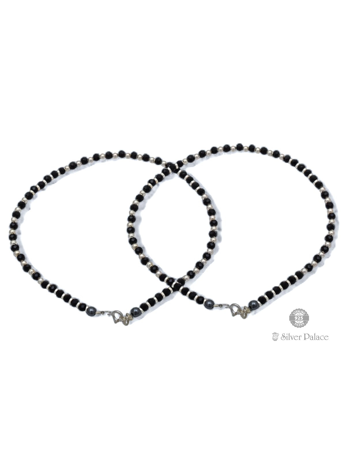 925 SILVER BLACK AND SILVER BEADS DESIGN ANKLETS FOR GIRLS 