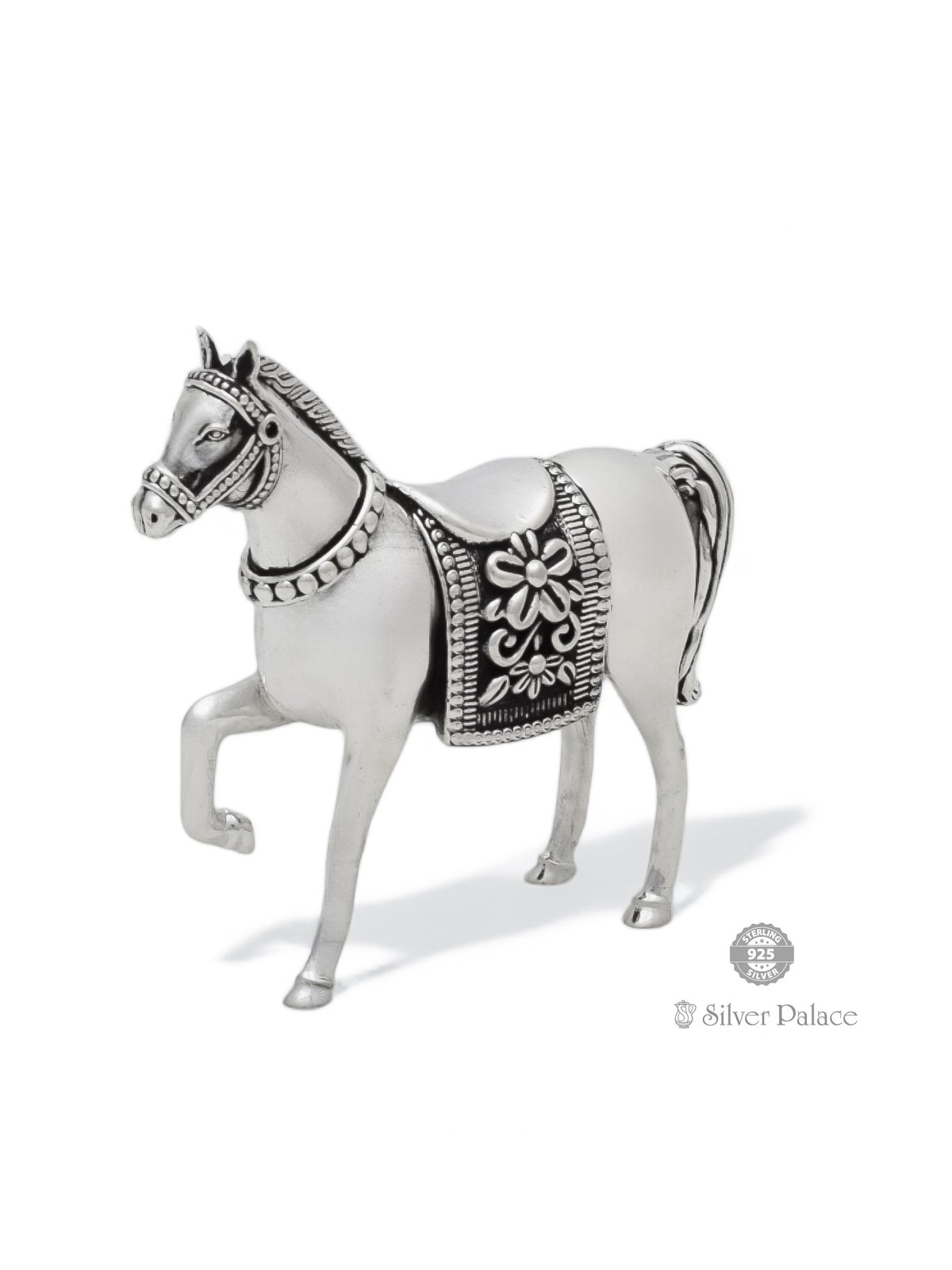 925 OXIDISED SILVER HORSE IDOL WITH FLORAL ENGRAVING