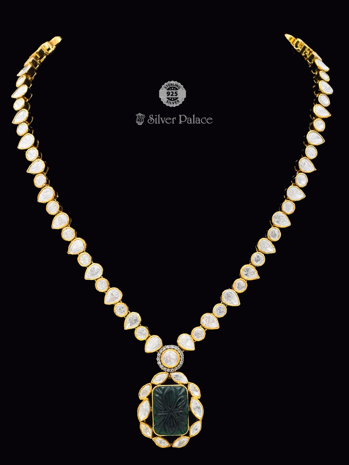 925 sterling silver gold poilished Royal Emerald Kundan Teardrop Necklace for women Anite collection