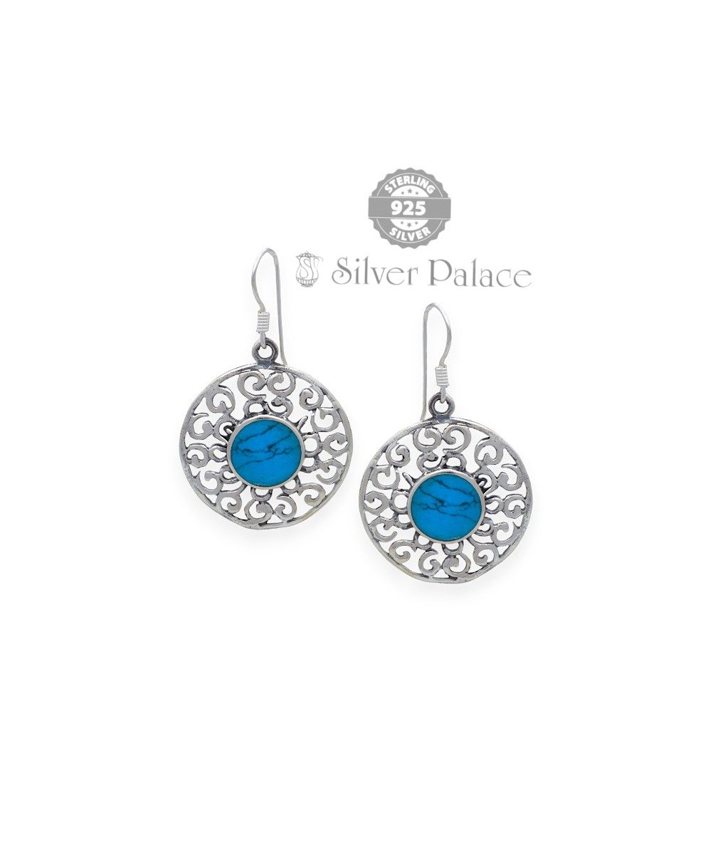 925 Silver Trishe Collections Blue Turquoise Circular Earrings  Drop