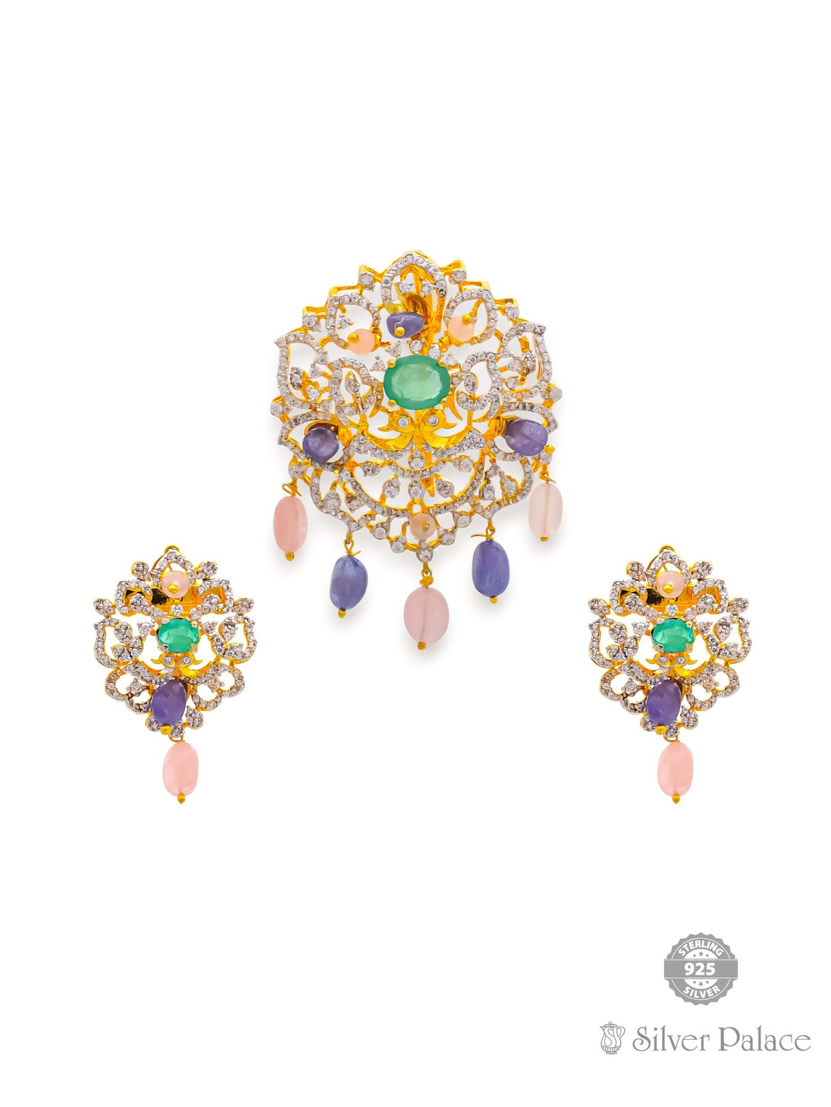 925 SILVER GOLD POLISHED BEADS WITH CZ STONE PENDANT AND EARIING SET FOR LADIES ANITE COLLECTION 
